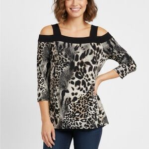 COME N SEE Cold-Shoulder Animal Print Top, Women’s M, Gray Black Brown